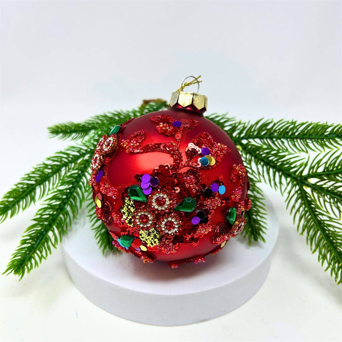 Matte Red Ornate Gem Print Ornament 4"