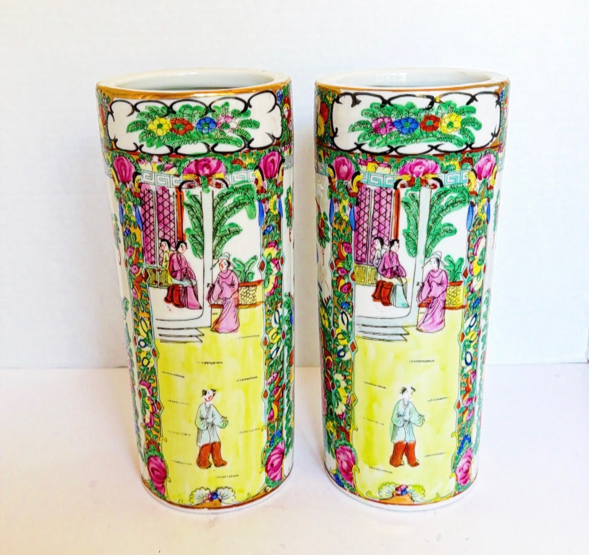 A10 - Pair of Cylinder Rose Medallion Vases