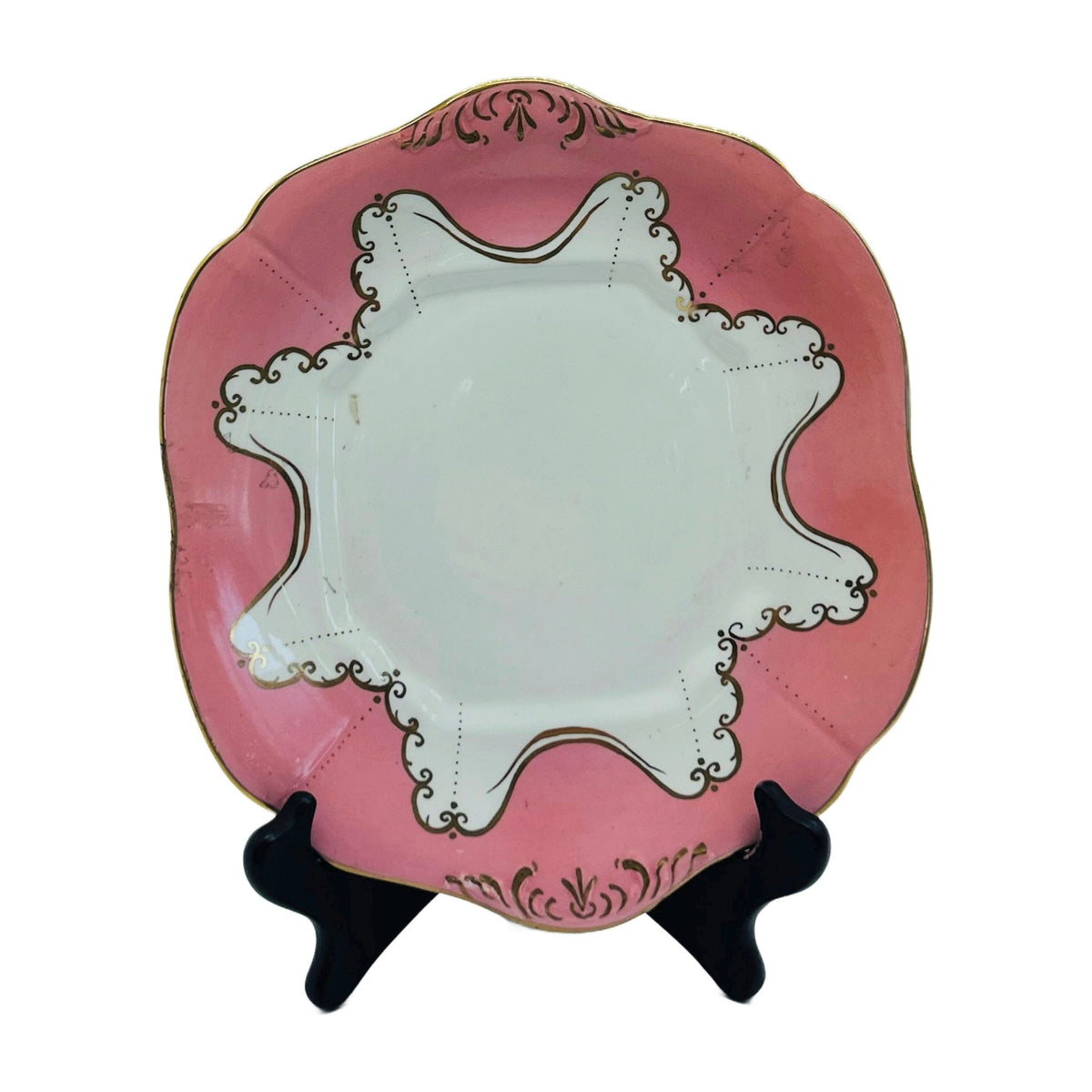 Antique Pink & White Porcelain Plate with Gilt Scrolls – Scalloped Dessert Plate