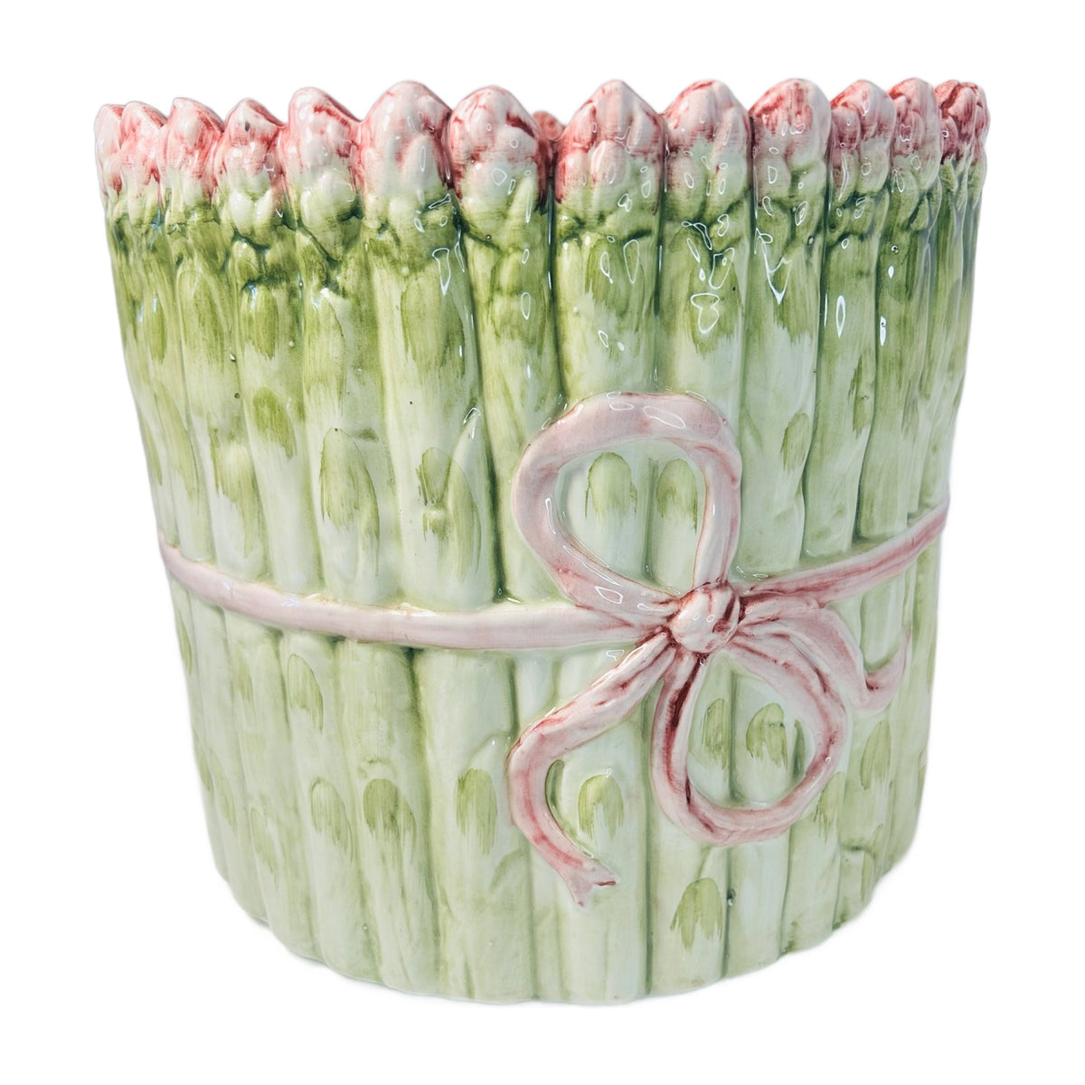 H61- Asparagus Bundle Ceramic Cachepot with Pink Bow – Italian Style Trompe l'Oeil Planter