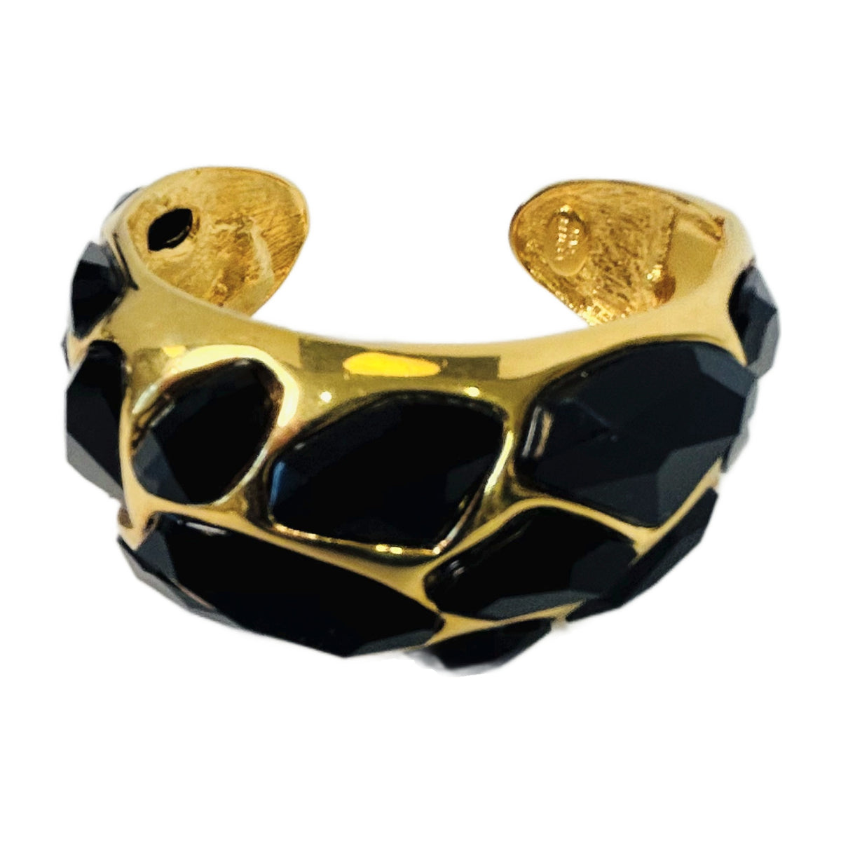 H38 - Vintage Black Enamel & Gold-Tone Cuff Bracelet – Bold Sculptural Statement Cuff