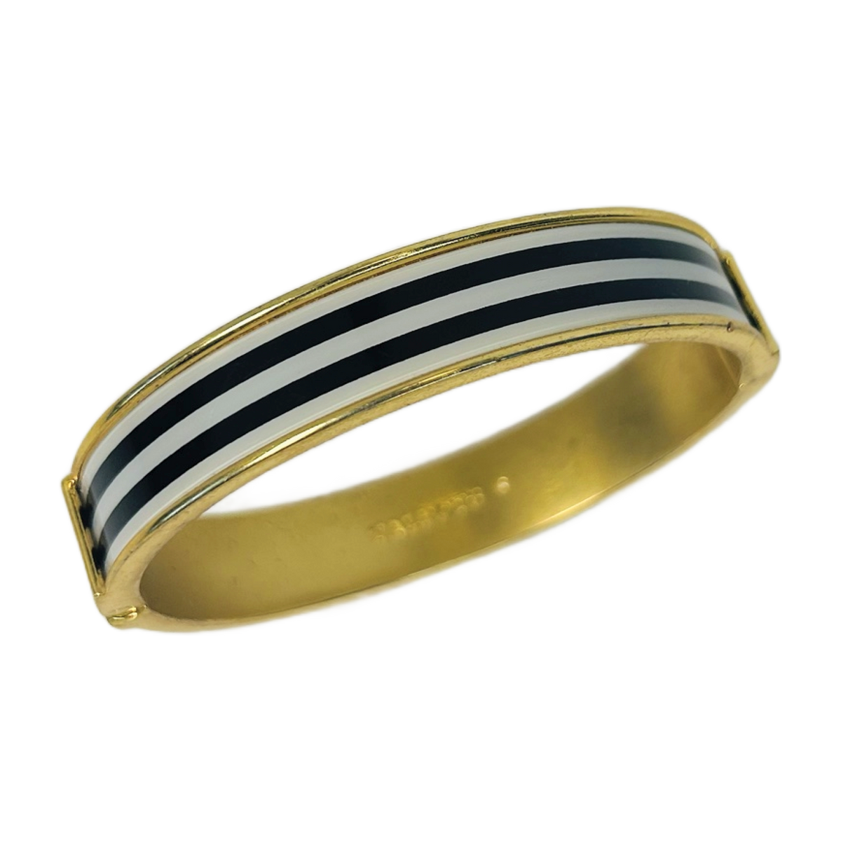 H57 - Black & White Striped Enamel Hinged Bangle – Gold-Tone Statement Bracelet
