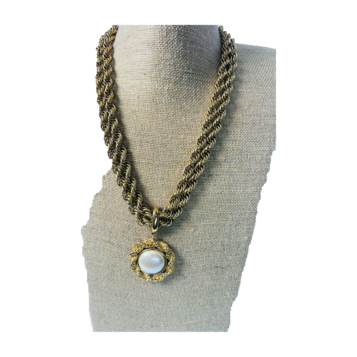 H54 - Vintage Gold-Tone Double Rope Chain Necklace with Faux Pearl Pendant
