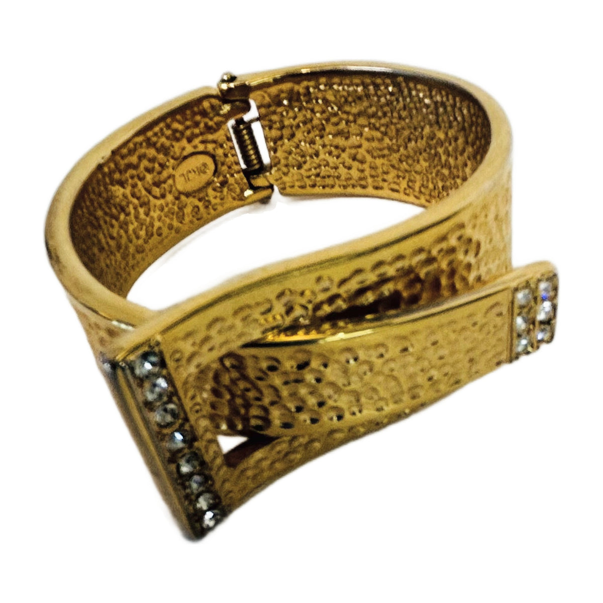 H36 - Vintage Hammered Gold-Tone Buckle Bangle with Crystals – Hinged Statement Cuff