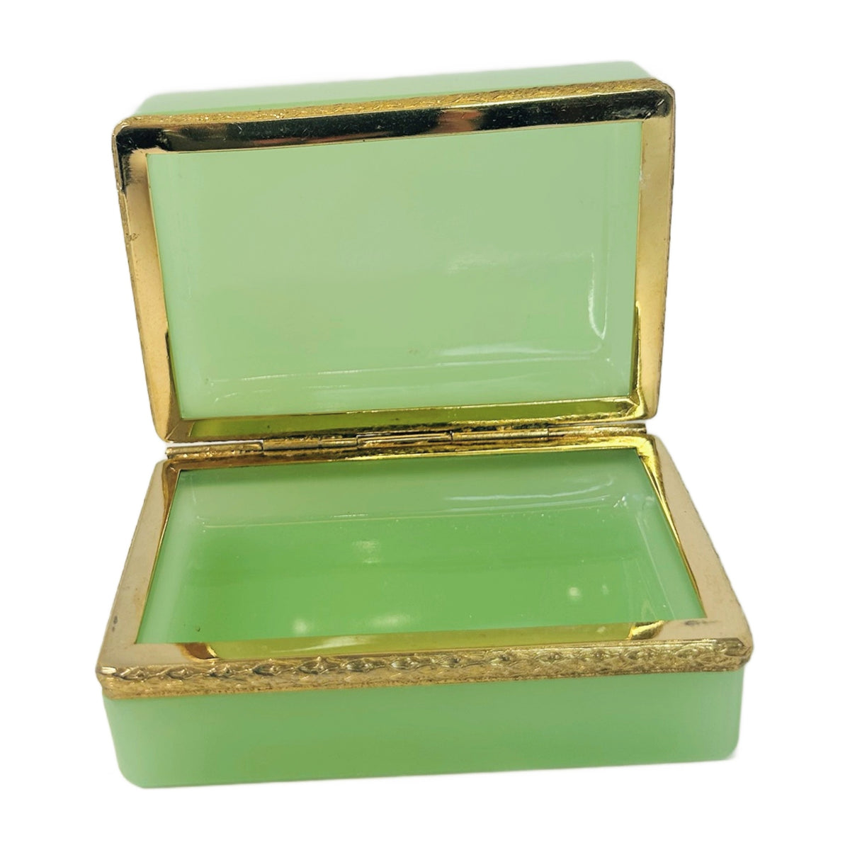 H59 - Green Opaline Glass Rectangular Box with Engraved Gilt Mount – Hinged Jewelry Box