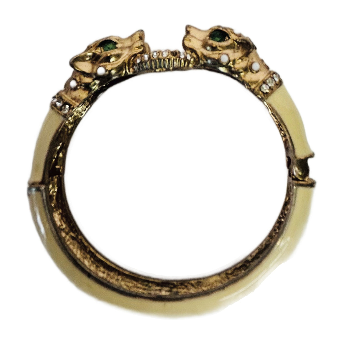 H40 - Ivory Enamel Double Tiger Head Hinged Bangle – Gold-Tone Big Cat Bracelet with Crystals
