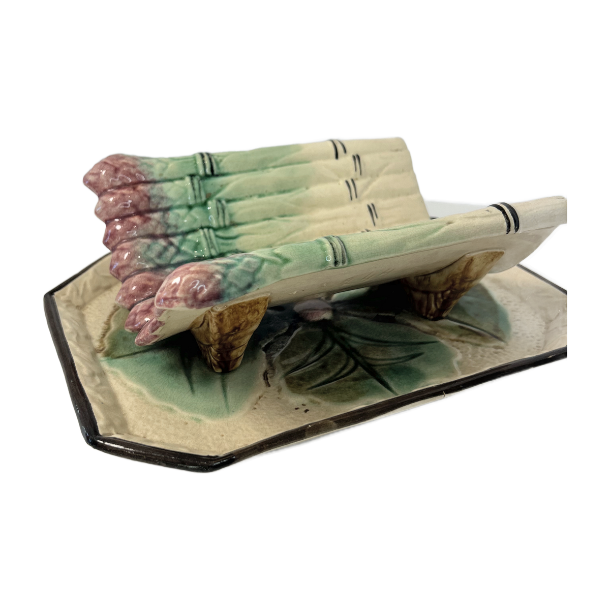 H14 - French Majolica Asparagus Server – Asparagus Cradle on Leaf Underplate