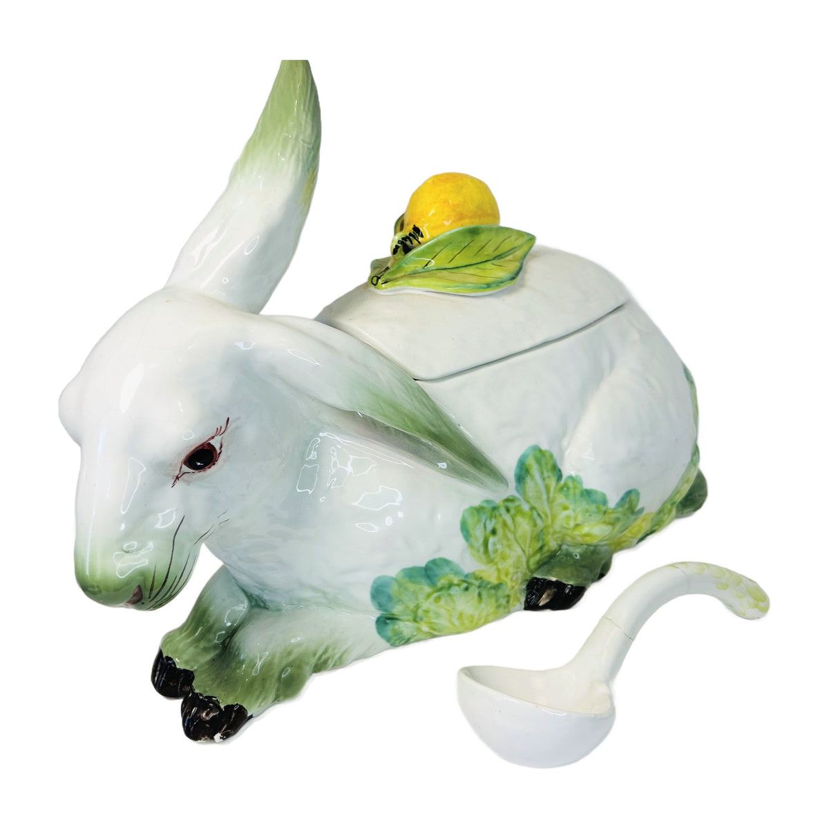 H4 - Majolica Rabbit Tureen with Lemon Finial & Ladle – White Hare on Cabbage Leaves