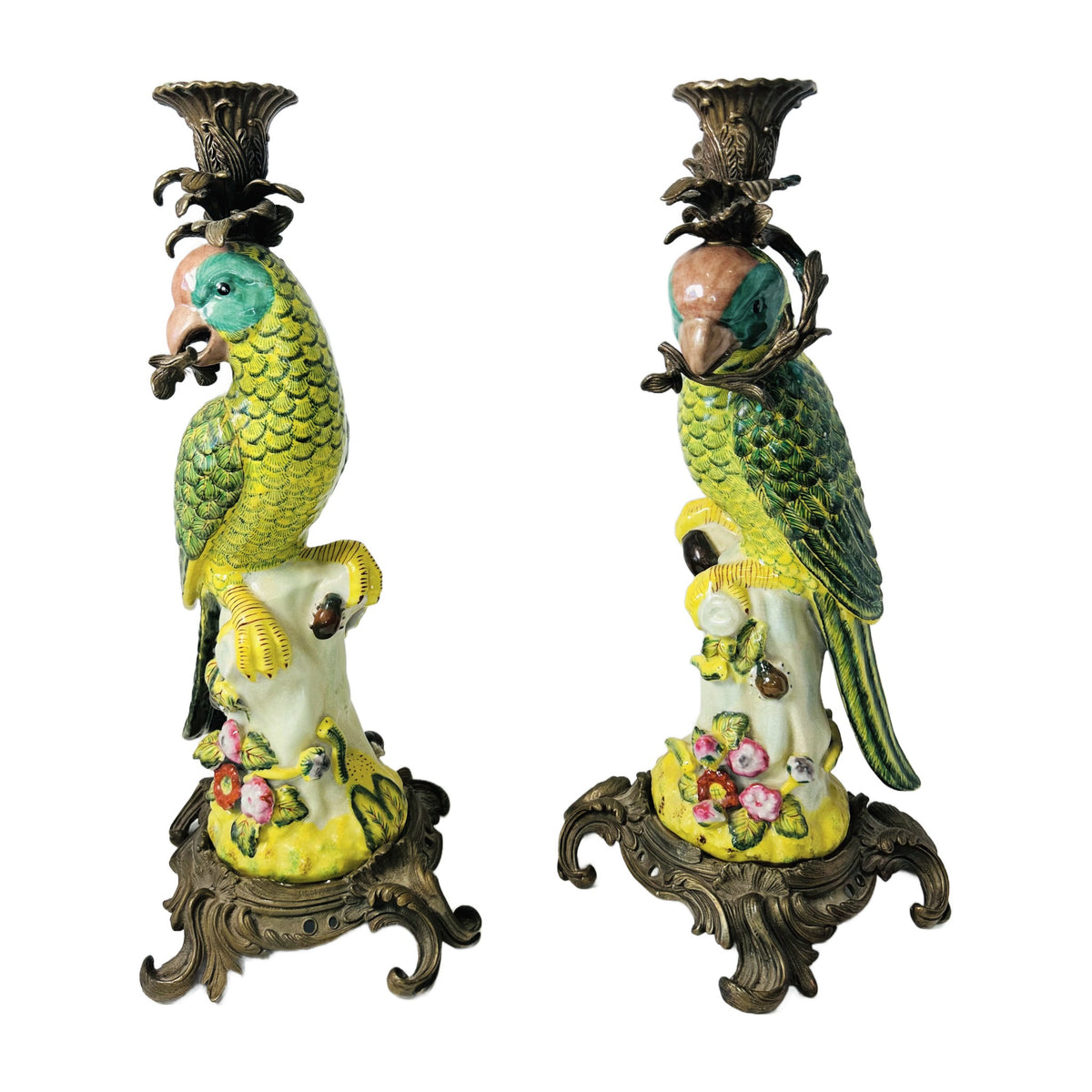 H3 - Pair of Porcelain & Bronze Parrot Candlesticks – Hollywood Regency Candle Holders