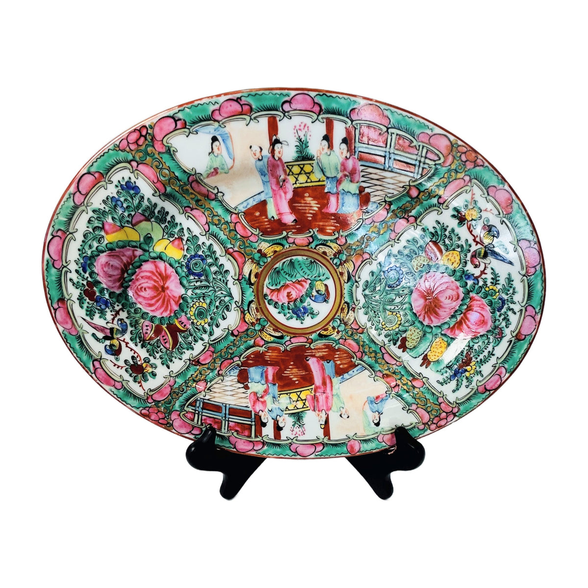 H32 - Chinese Rose Medallion Oval Platter – Famille Rose Figures, Birds & Peonies