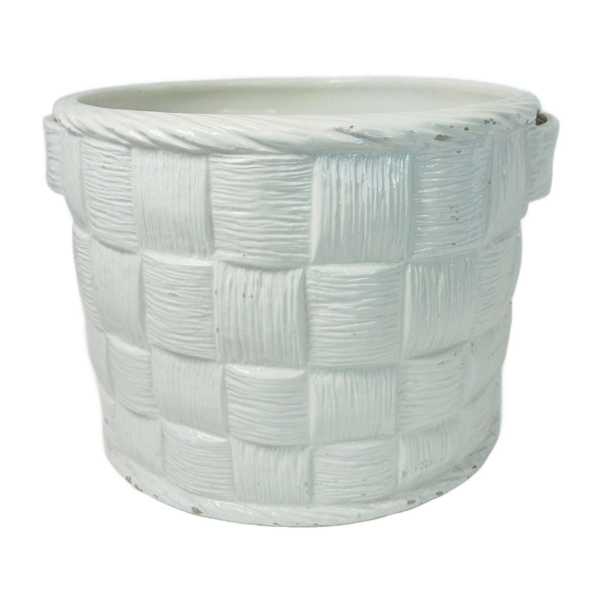 H46 - White Basketweave Ceramic Cachepot – Glazed Woven Basket Planter, Italian Style