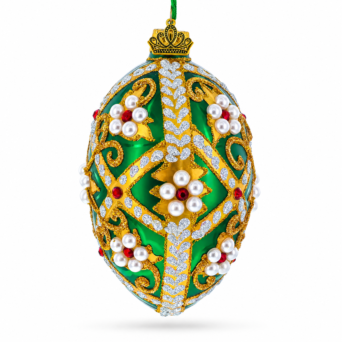 Jewels on Green Glass Egg Christmas Ornament