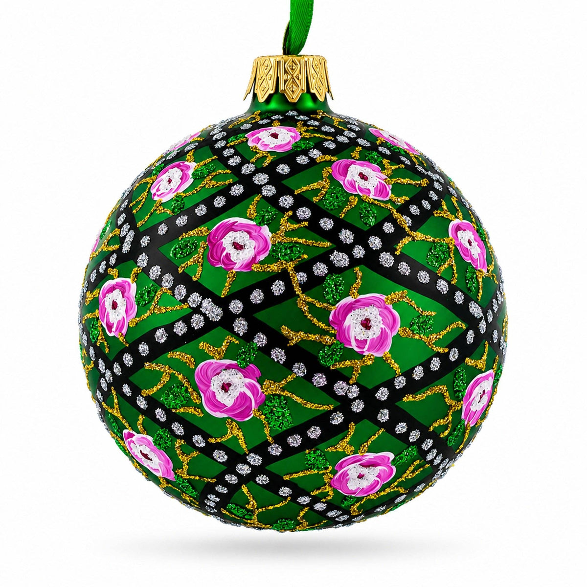 1907 Rose Trellis Royal Green Glass Ornament