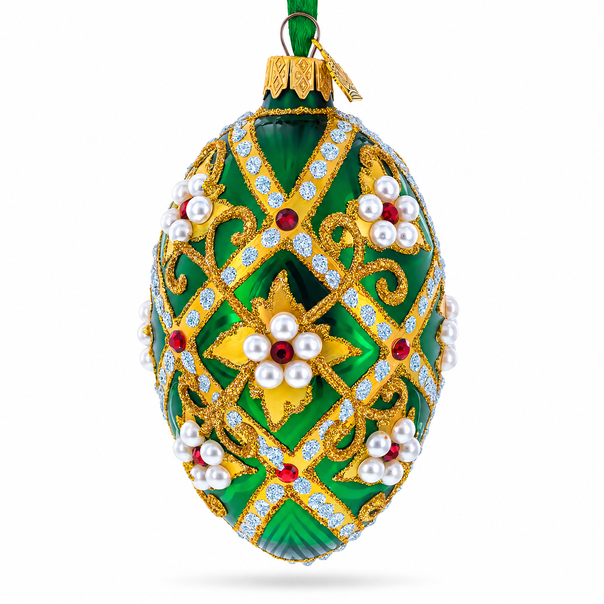 Jewels on Green Glass Egg Christmas Ornament