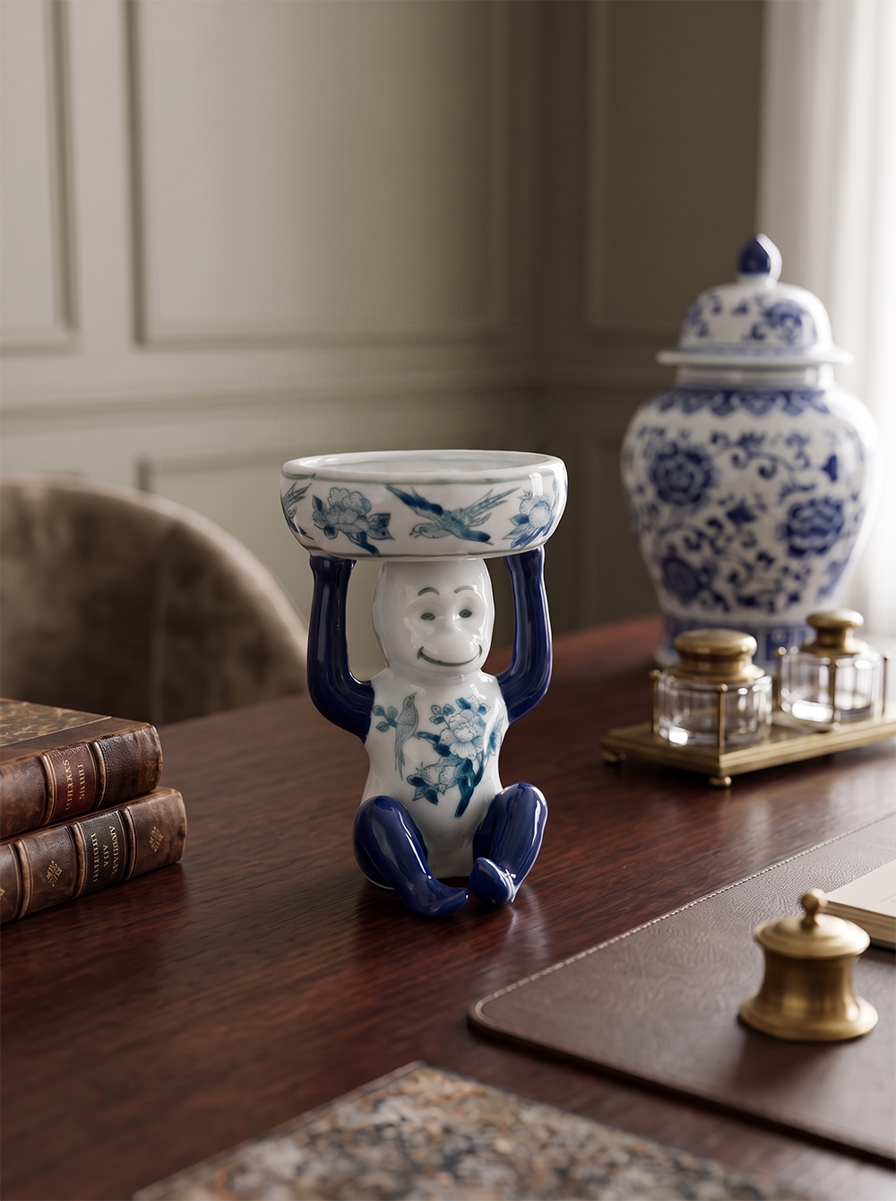 5.5x5x7" Porcelain Monkey - Blue/Green/White