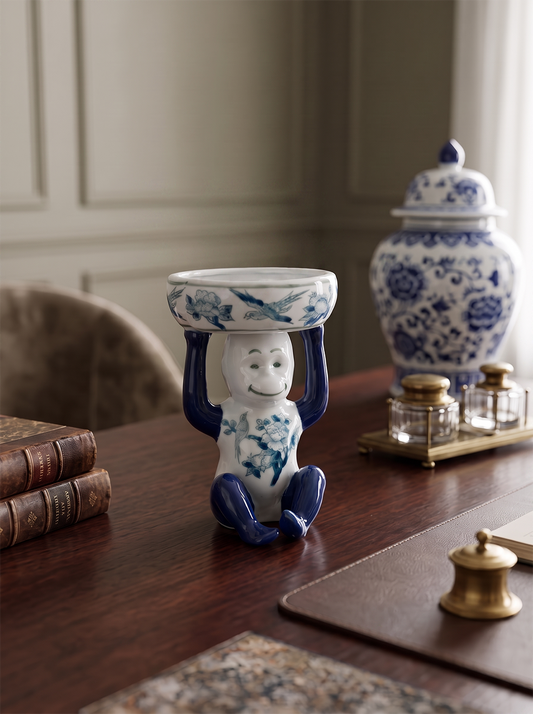 5.5x5x7" Porcelain Monkey - Blue/Green/White