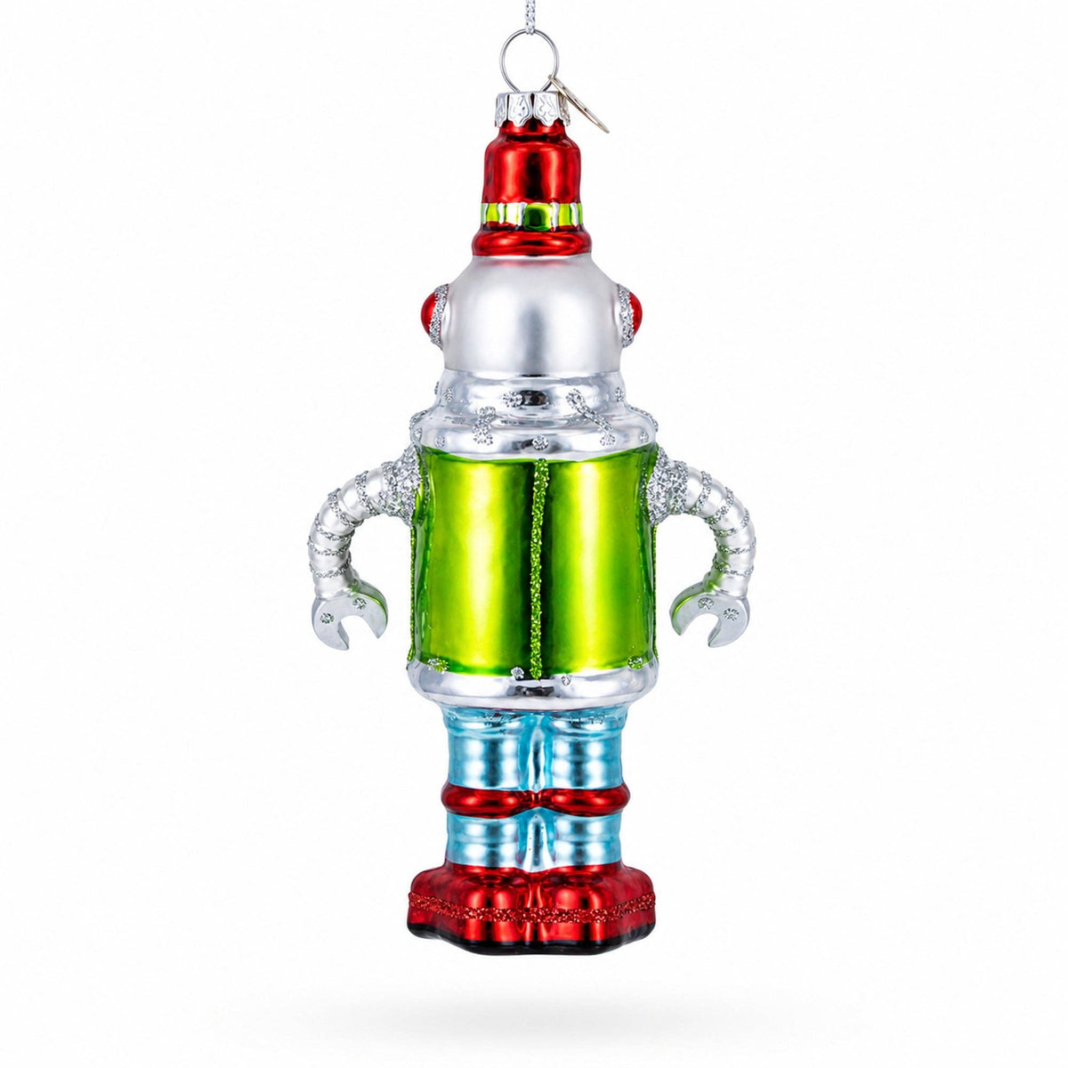 Retro Robot Snowman Glass Ornament