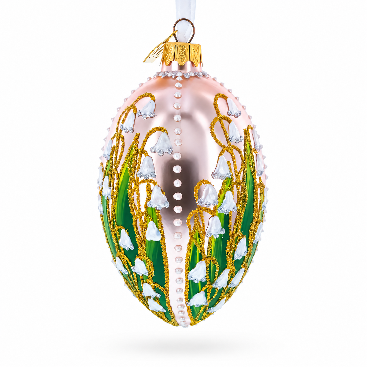 Lily of the Valley on Frosted Rose Egg Glass Ornament