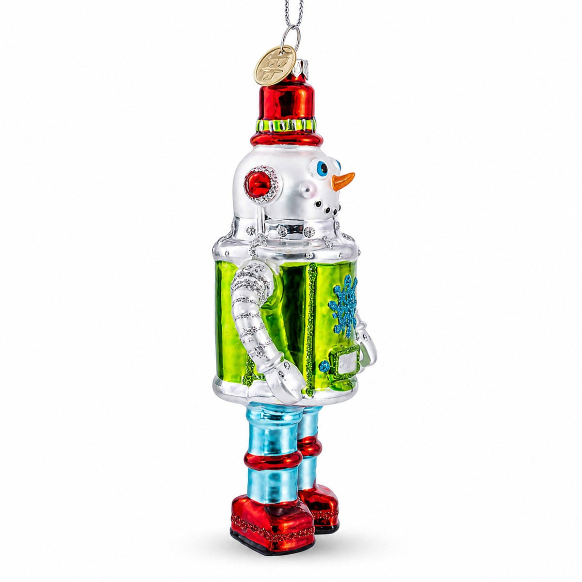 Retro Robot Snowman Glass Ornament