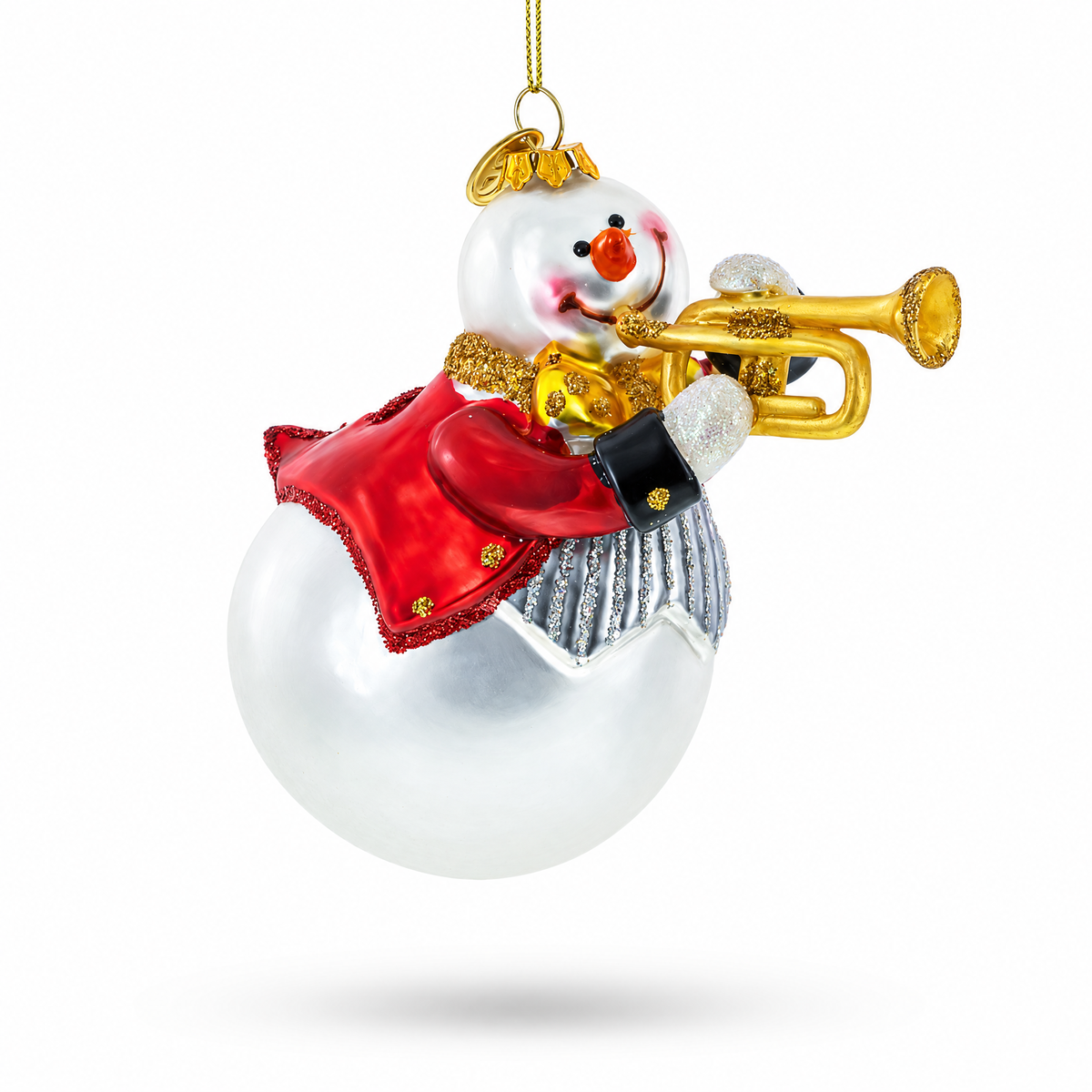 Festive Snowman Playing Trumpet Glass Ornament