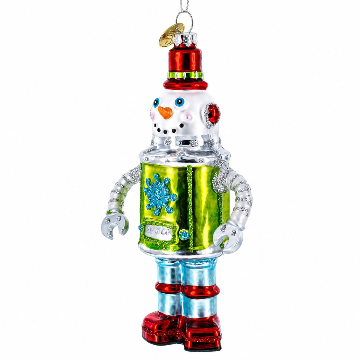 Retro Robot Snowman Glass Ornament