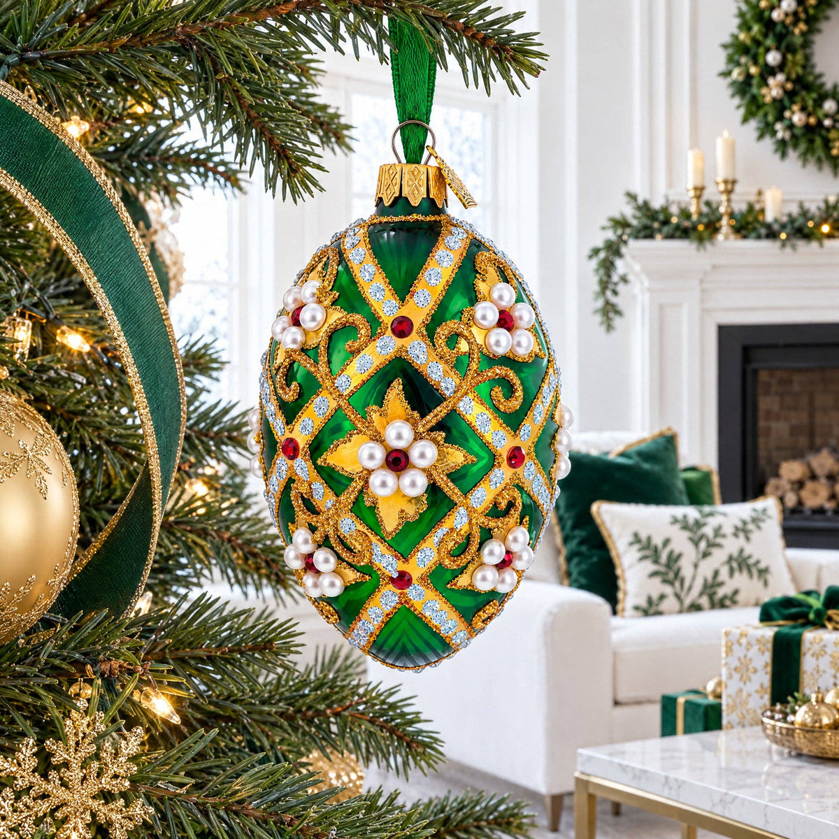 Jewels on Green Glass Egg Christmas Ornament