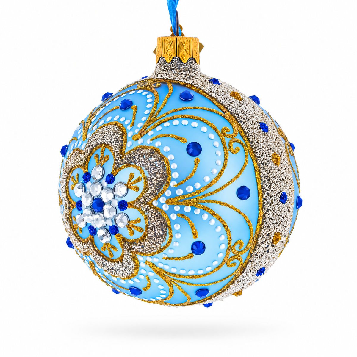 Baroque Filigree with Gemstones on Blue Glass Ornament
