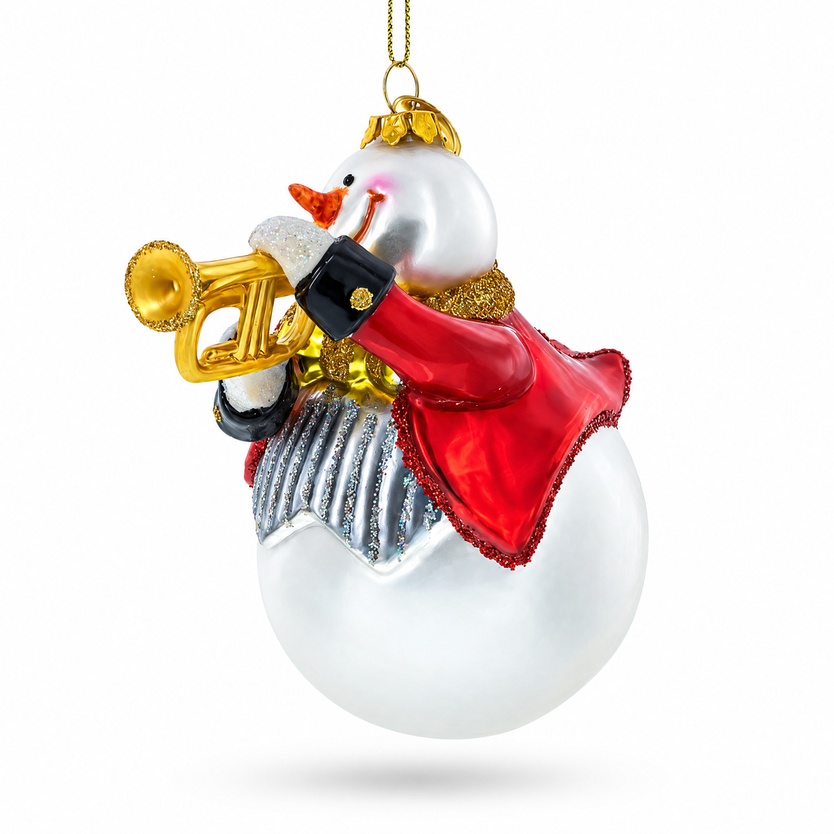 Festive Snowman Playing Trumpet Glass Ornament