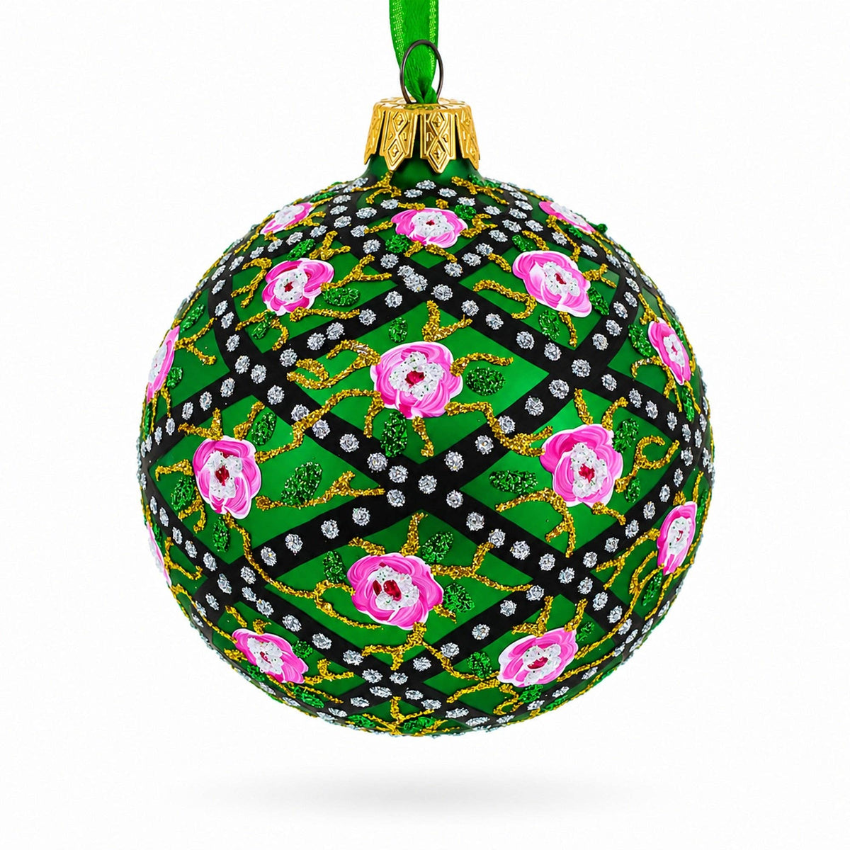 1907 Rose Trellis Royal Green Glass Ornament