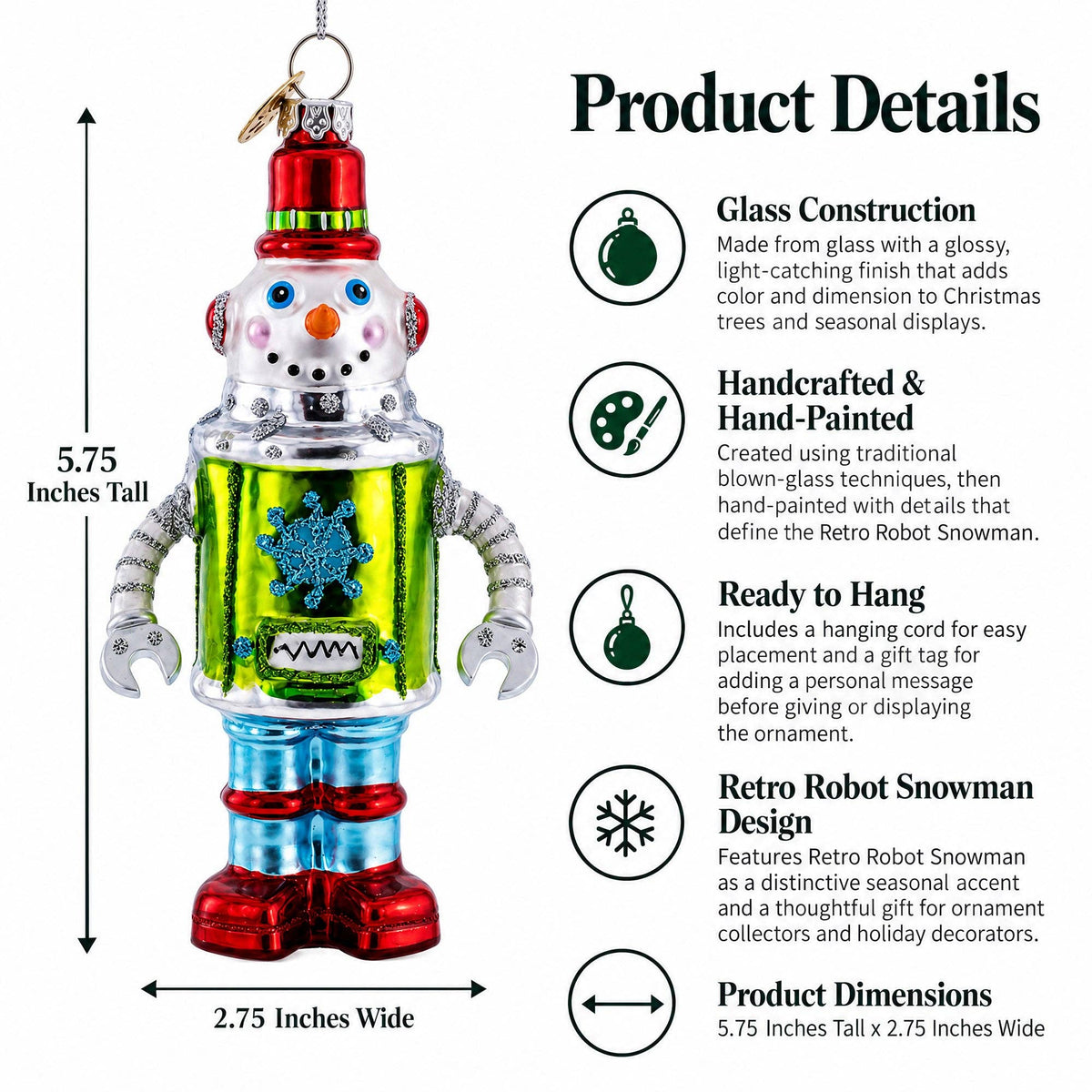 Retro Robot Snowman Glass Ornament