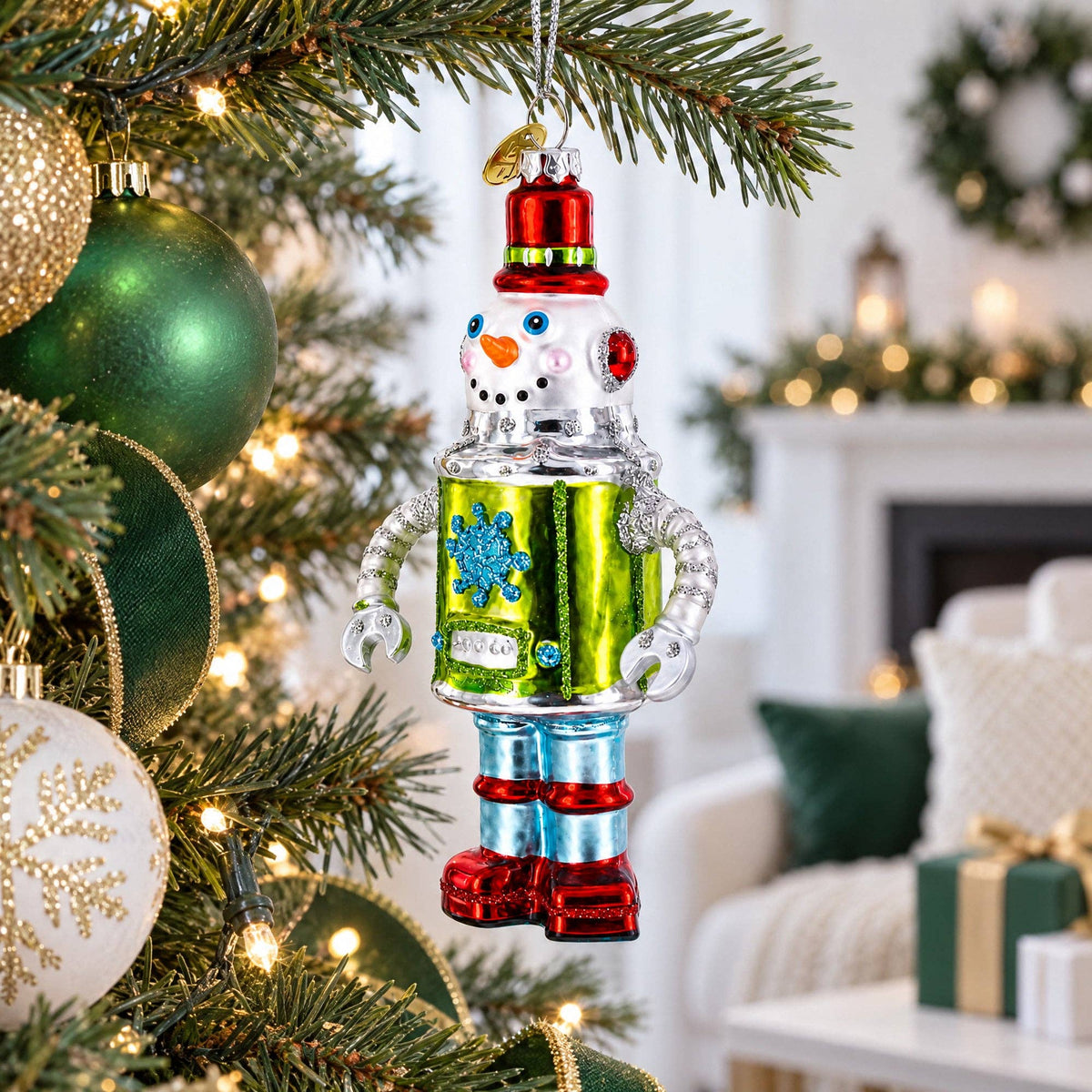 Retro Robot Snowman Glass Ornament