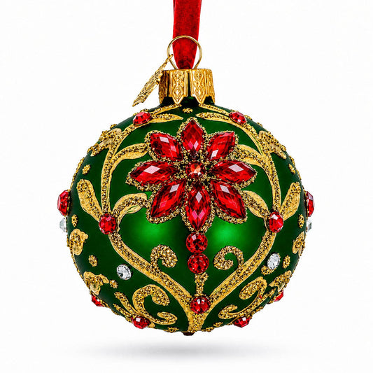 Оeweled Emerald Green Poinsettia Glass Ball Christmas Ornament