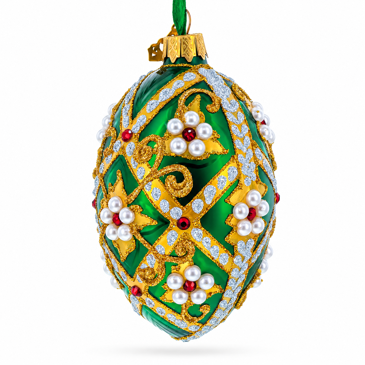 Jewels on Green Glass Egg Christmas Ornament