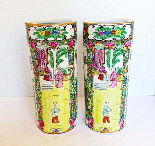 A10 - Pair of Cylinder Rose Medallion Vases