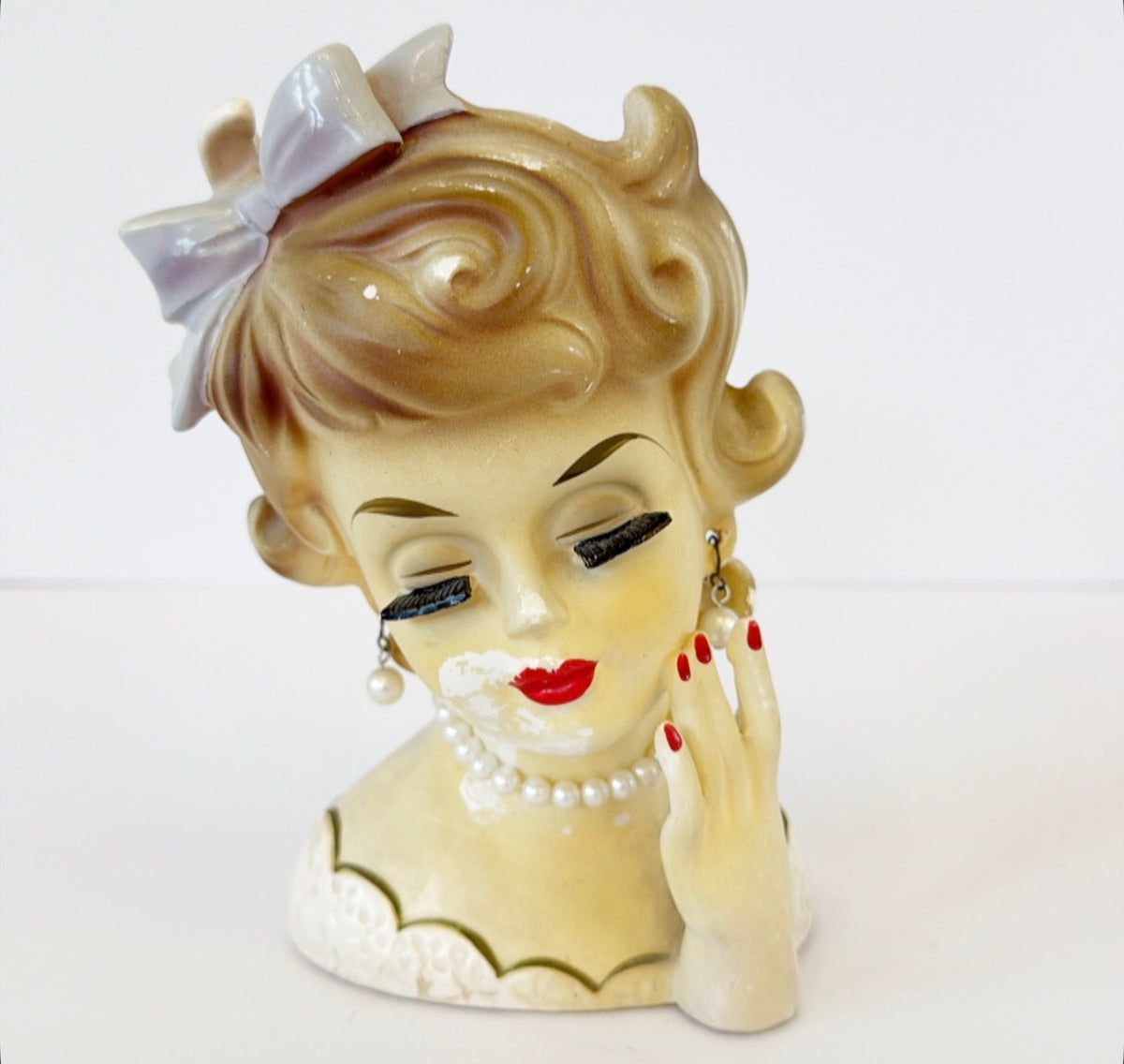 LN - Custom Vintage Lady Head Vase - Beaded Tree - 6.5"