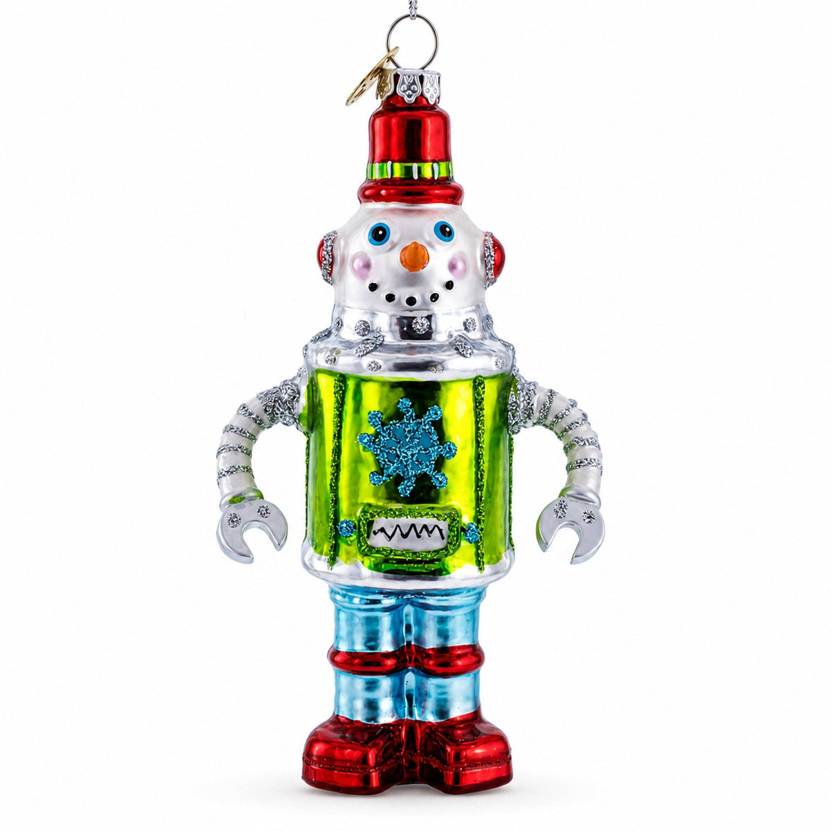 Retro Robot Snowman Glass Ornament