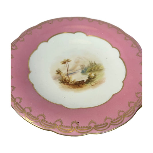 H50 - Antique English Pink & Gilt Porcelain Tazza – Hand-Painted Landscape Comport