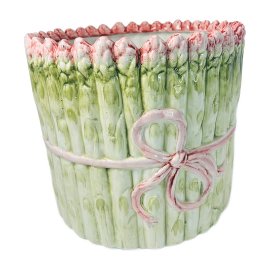 H61- Asparagus Bundle Ceramic Cachepot with Pink Bow – Italian Style Trompe l'Oeil Planter