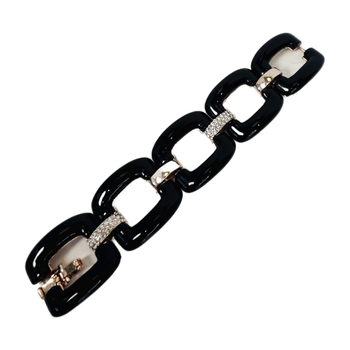 H39 - Black Enamel Chain Link Bracelet with Pavé Crystal Links – Art Deco Style
