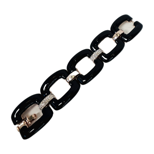 H39 - Black Enamel Chain Link Bracelet with Pavé Crystal Links – Art Deco Style