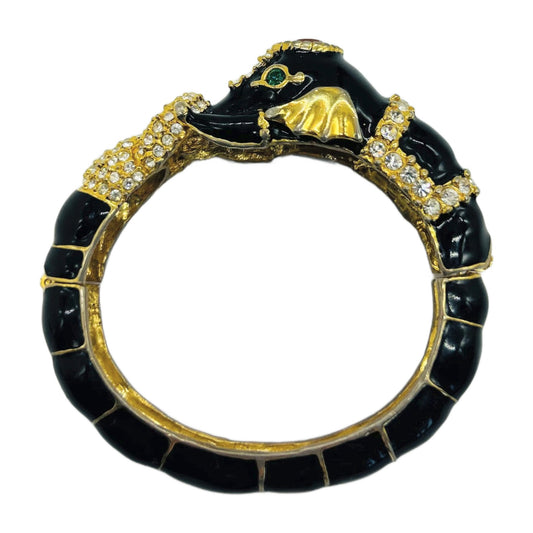 Vintage Black Enamel Elephant Bangle Bracelet with Rhinestones – Hinged Statement Cuff