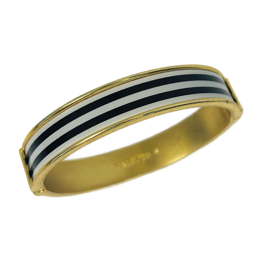 H57 - Black & White Striped Enamel Hinged Bangle – Gold-Tone Statement Bracelet