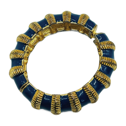 Vintage Navy Blue Enamel & Gold-Tone Hinged Bangle Bracelet – Ribbed Statement Cuff