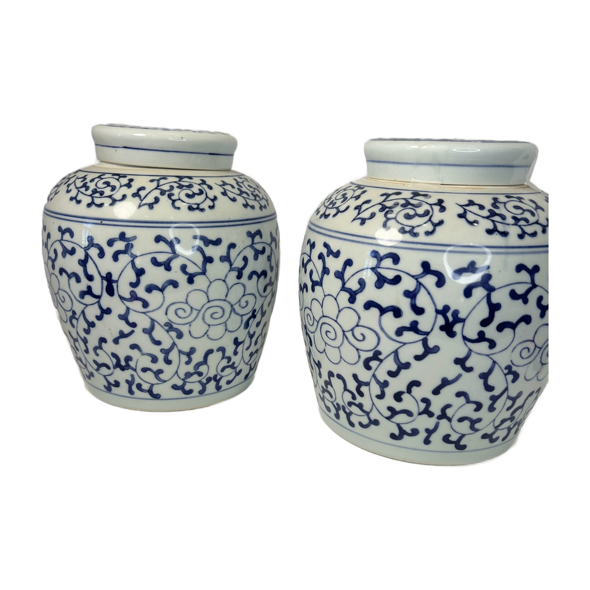 H15 - Pair of Blue and White Chinese Ginger Jars – Lotus Scroll Porcelain Jars with Lids