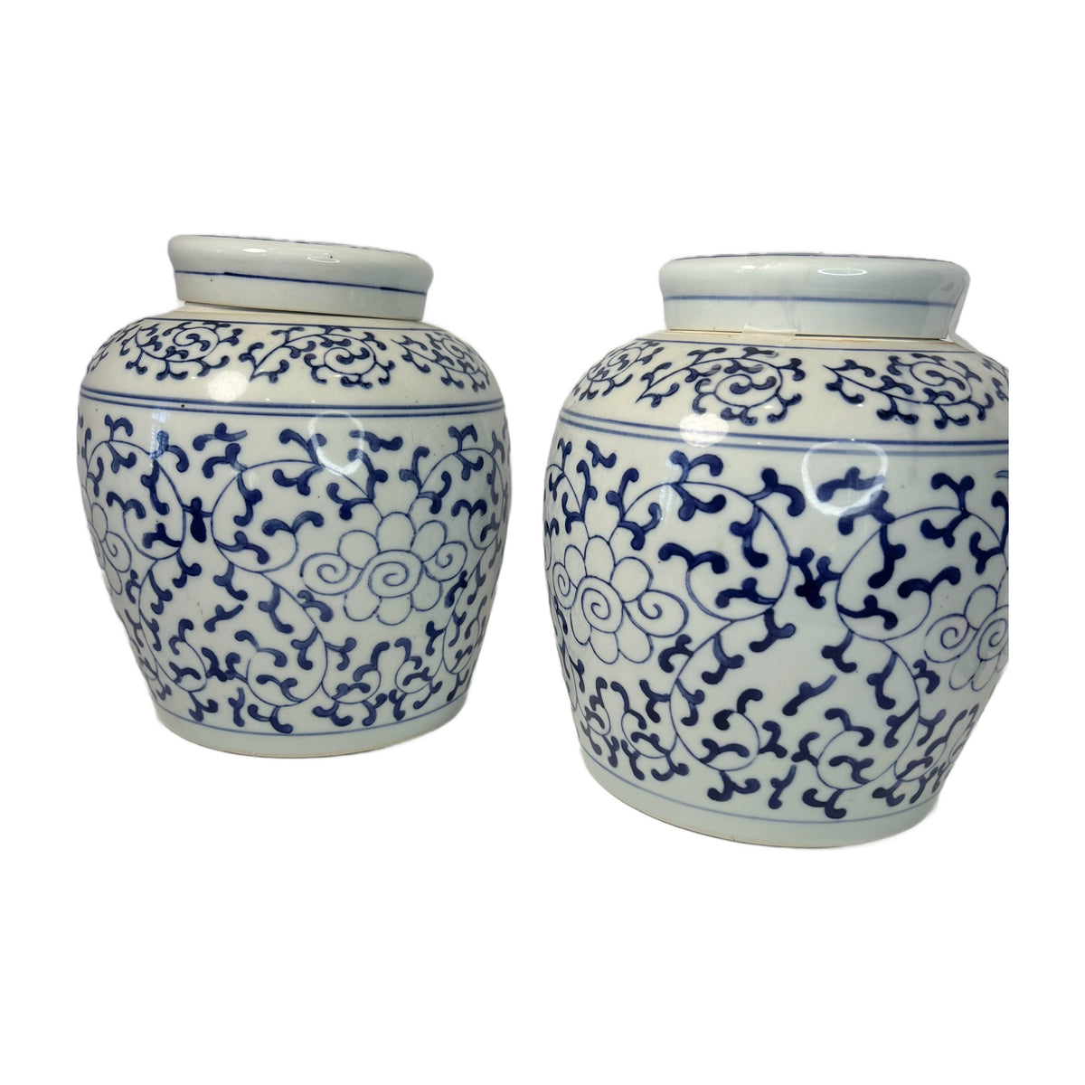 H15 - Pair of Blue and White Chinese Ginger Jars – Lotus Scroll Porcelain Jars with Lids