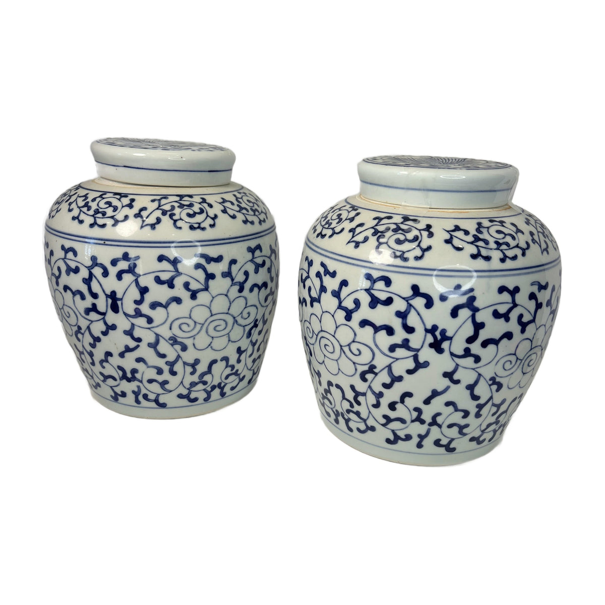 H15 - Pair of Blue and White Chinese Ginger Jars – Lotus Scroll Porcelain Jars with Lids