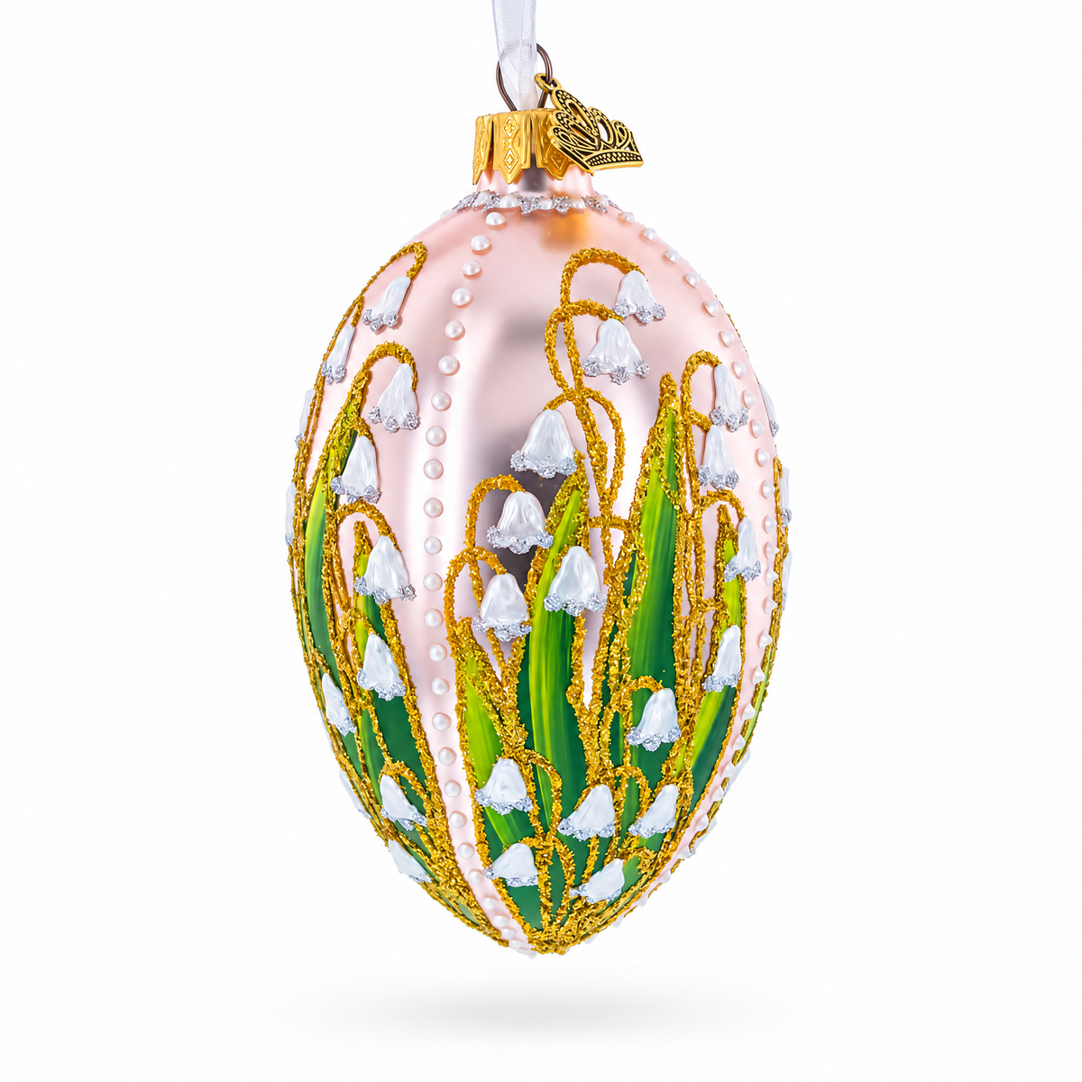 Lily of the Valley on Frosted Rose Egg Glass Ornament