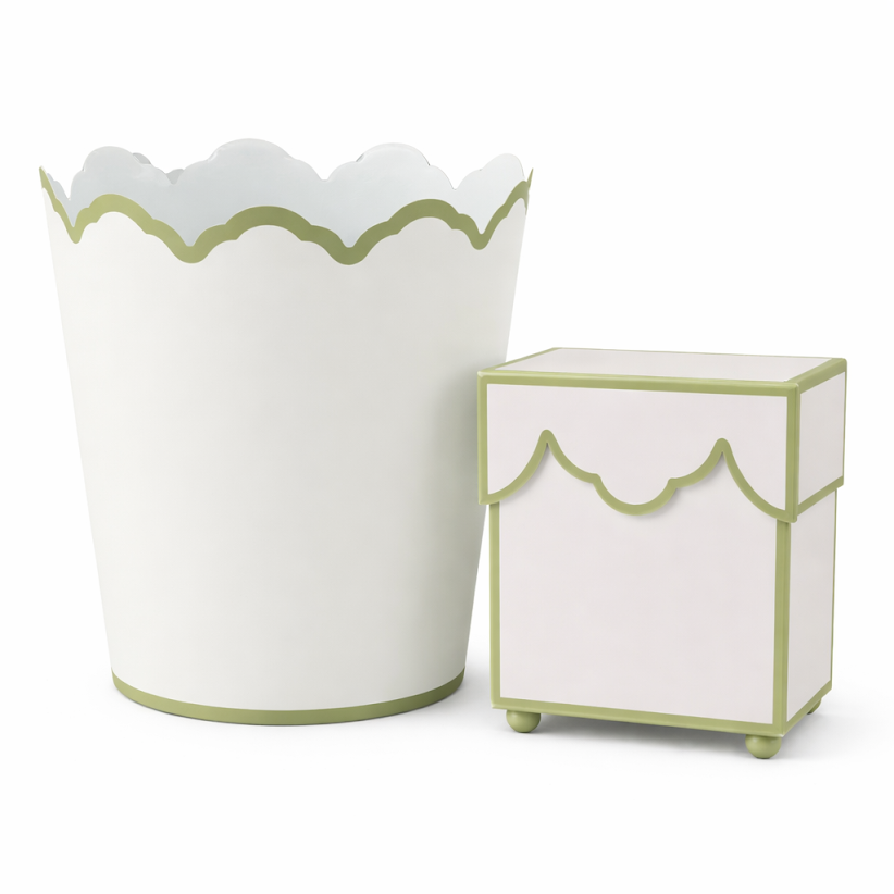 White & Olive Scalloped Wastepaper Basket & Tissue (2 Options): Tissue