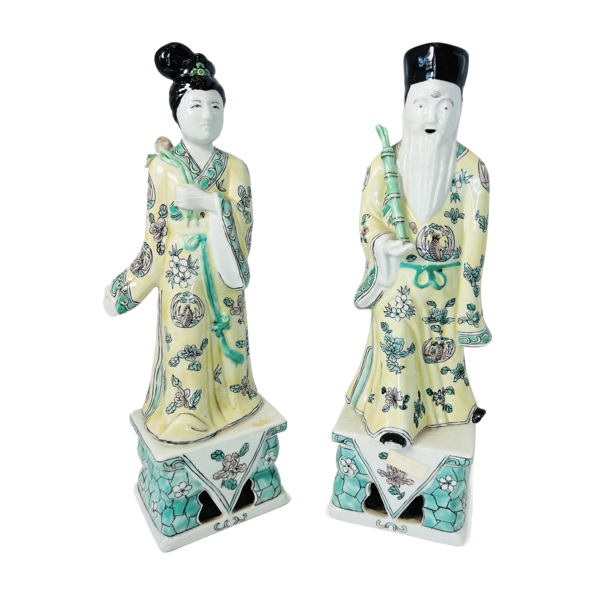 H2 - Pair of Chinese Famille Verte Porcelain Figures – Scholar & Court Lady on Stands