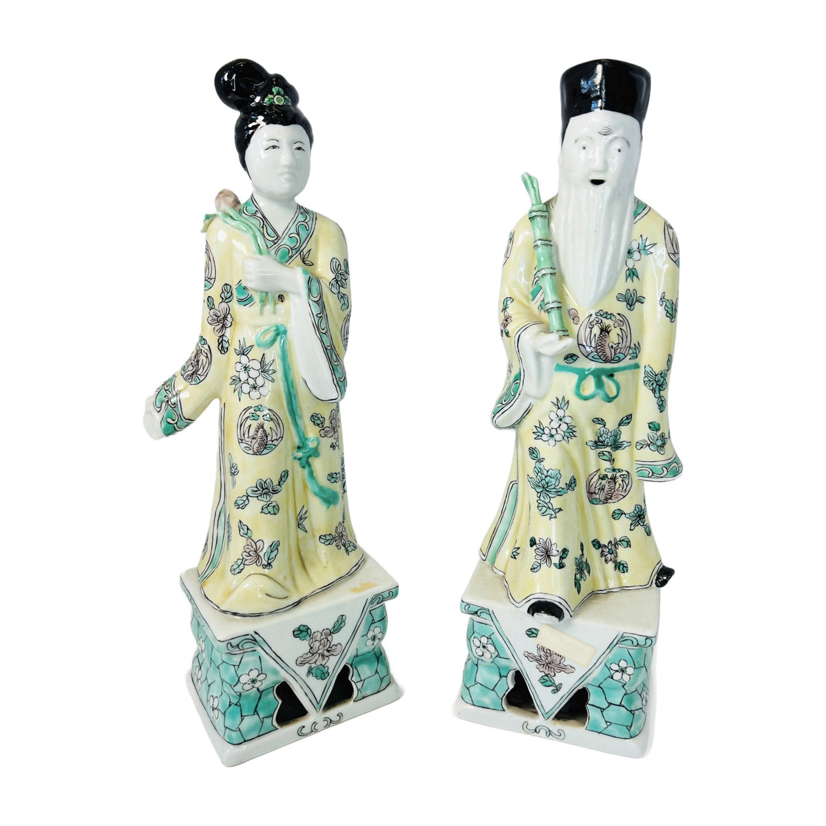 H2 - Pair of Chinese Famille Verte Porcelain Figures – Scholar & Court Lady on Stands